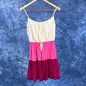 Kenedik Tiered Mini Dress Sz L Cream Pink Magenta Boho Summer Beach Vacation